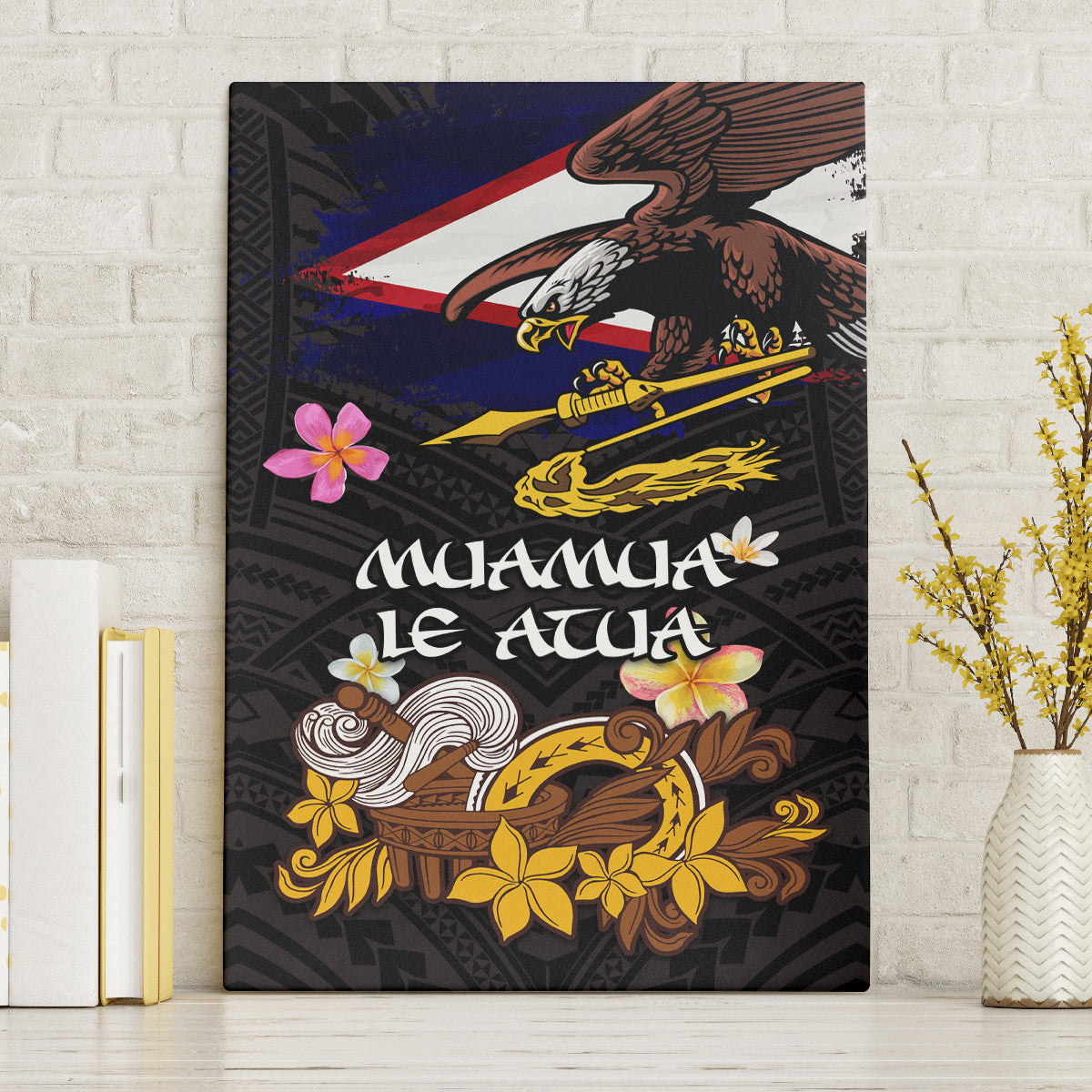 American Samoa Fue and Kava Bowl Canvas Wall Art Plumeria and Polynesian Pattern LT03 Without Frame Black - Polynesian Pride