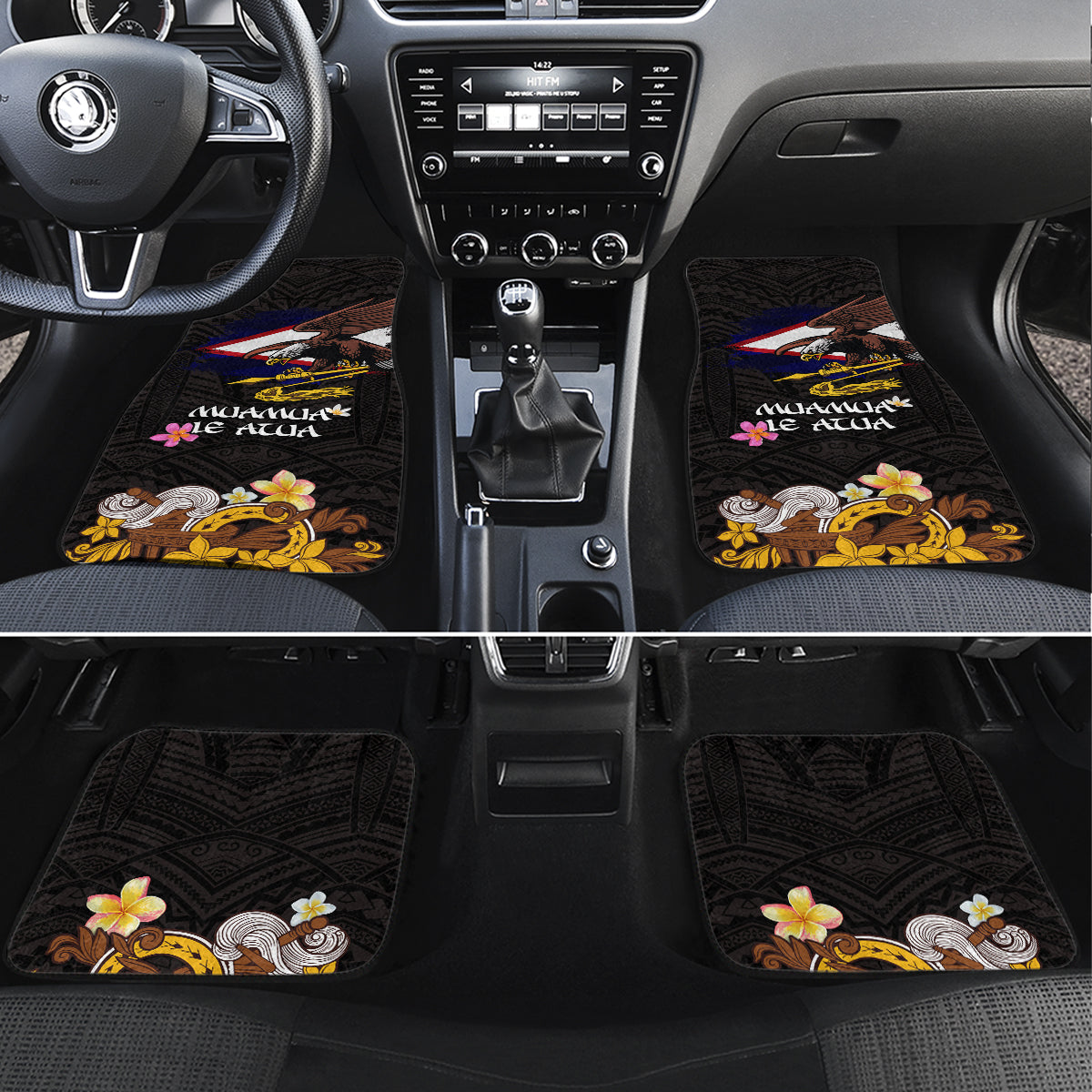 American Samoa Fue and Kava Bowl Car Mats Plumeria and Polynesian Pattern LT03 Set 4pcs Black - Polynesian Pride