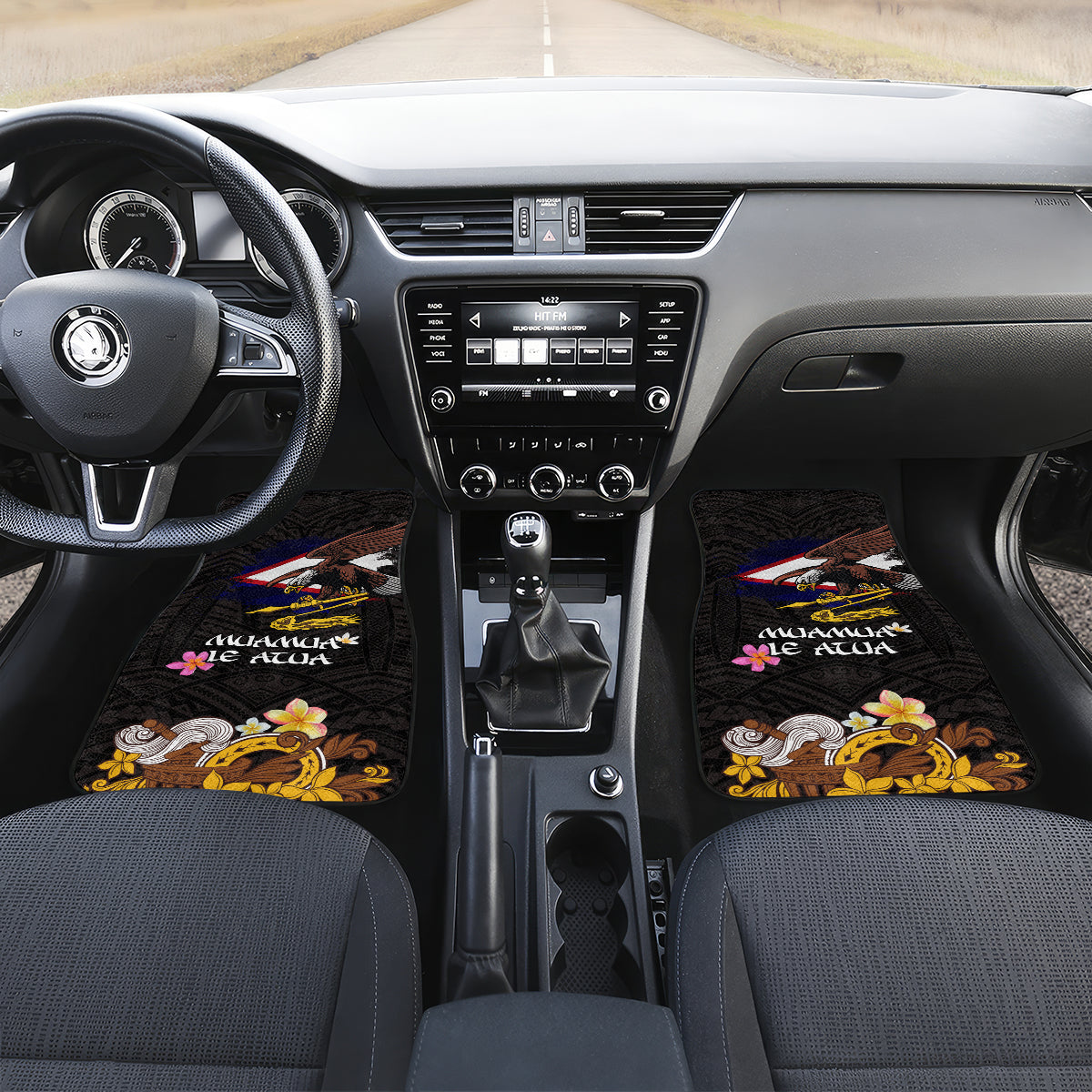 American Samoa Fue and Kava Bowl Car Mats Plumeria and Polynesian Pattern LT03 Set 2pcs - Front Black - Polynesian Pride