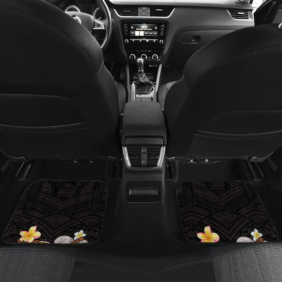 American Samoa Fue and Kava Bowl Car Mats Plumeria and Polynesian Pattern LT03 Set 2pcs - Back Black - Polynesian Pride