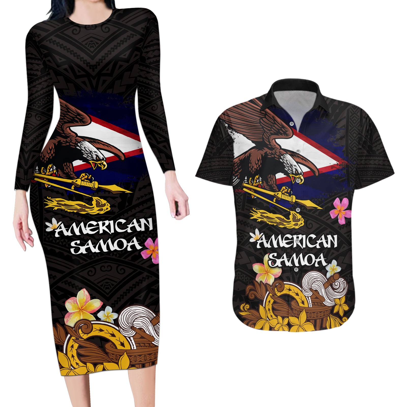 American Samoa Fue and Kava Bowl Couples Matching Long Sleeve Bodycon Dress and Hawaiian Shirt Plumeria and Polynesian Pattern