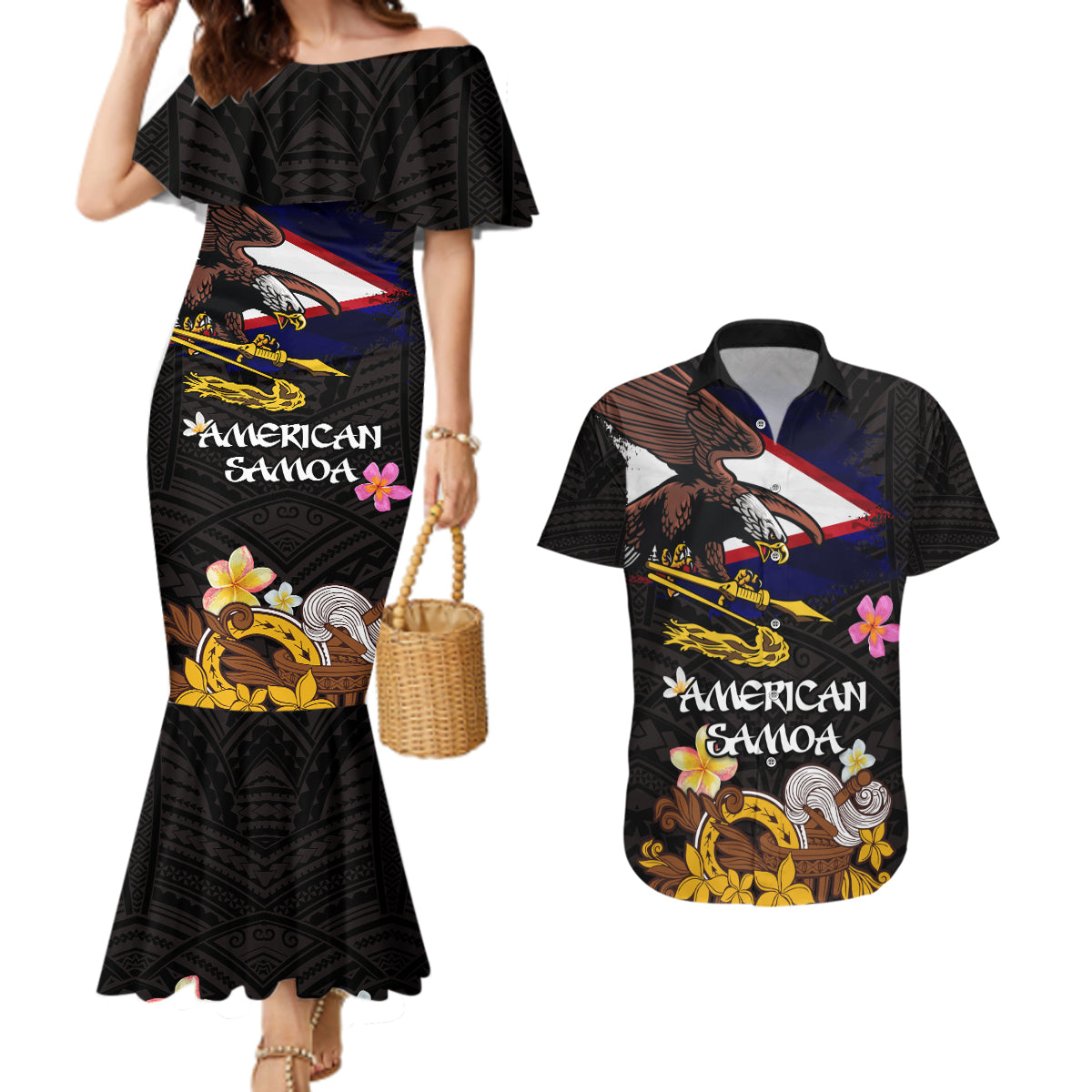 American Samoa Fue and Kava Bowl Couples Matching Mermaid Dress and Hawaiian Shirt Plumeria and Polynesian Pattern