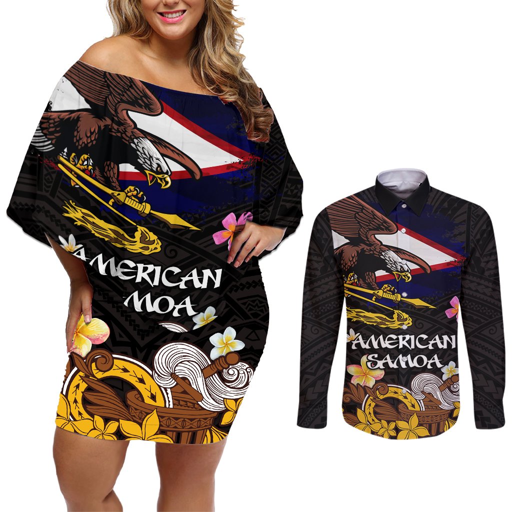 American Samoa Fue and Kava Bowl Couples Matching Off Shoulder Short Dress and Long Sleeve Button Shirt Plumeria and Polynesian Pattern LT03 Black - Polynesian Pride