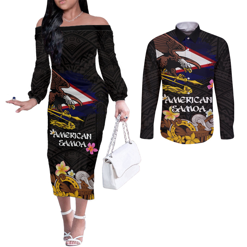 American Samoa Fue and Kava Bowl Couples Matching Off The Shoulder Long Sleeve Dress and Long Sleeve Button Shirt Plumeria and Polynesian Pattern LT03 Black - Polynesian Pride