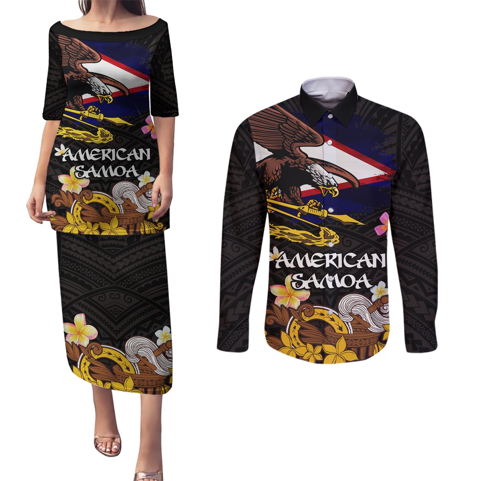 American Samoa Fue and Kava Bowl Couples Matching Puletasi and Long Sleeve Button Shirt Plumeria and Polynesian Pattern