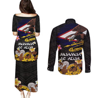 American Samoa Fue and Kava Bowl Couples Matching Puletasi and Long Sleeve Button Shirt Plumeria and Polynesian Pattern LT03 - Polynesian Pride