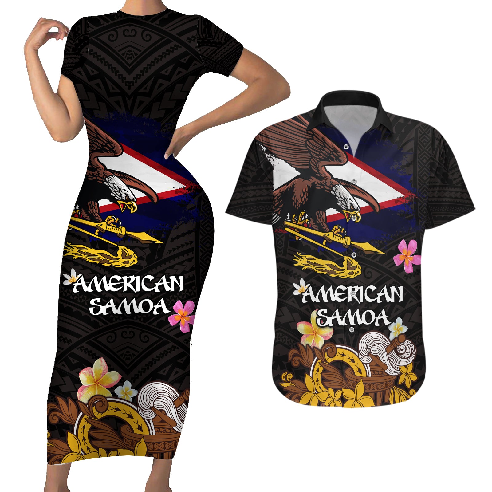 American Samoa Fue and Kava Bowl Couples Matching Short Sleeve Bodycon Dress and Hawaiian Shirt Plumeria and Polynesian Pattern