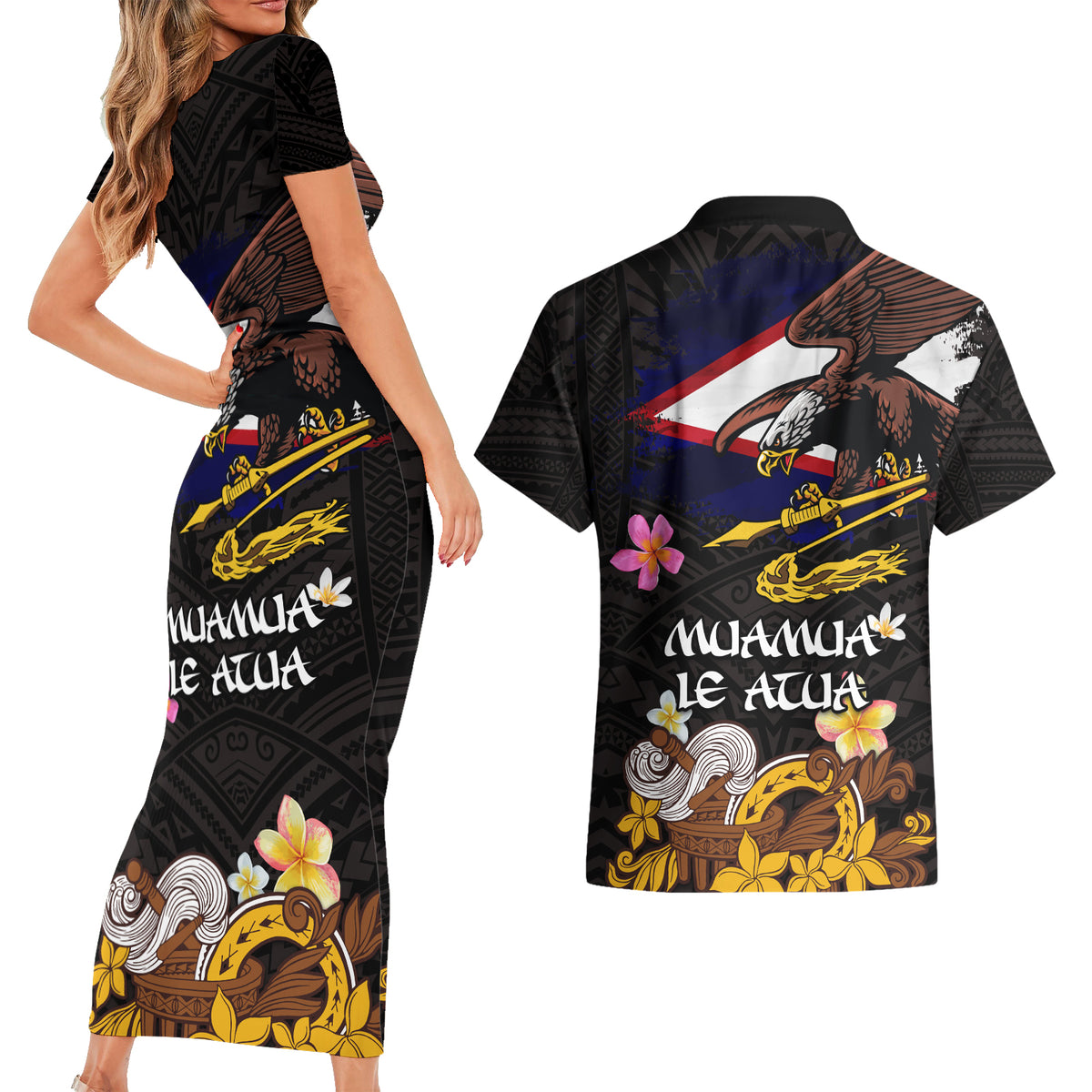 American Samoa Fue and Kava Bowl Couples Matching Short Sleeve Bodycon Dress and Hawaiian Shirt Plumeria and Polynesian Pattern