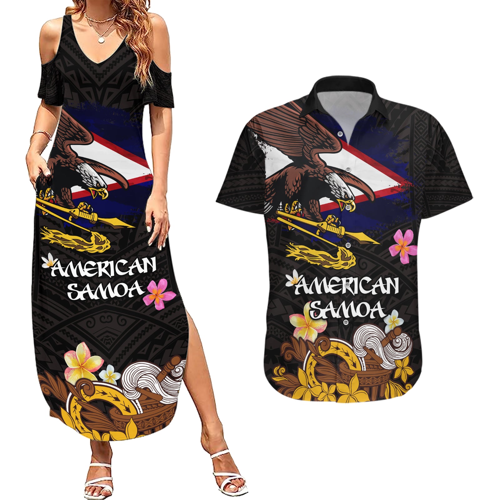 American Samoa Fue and Kava Bowl Couples Matching Summer Maxi Dress and Hawaiian Shirt Plumeria and Polynesian Pattern