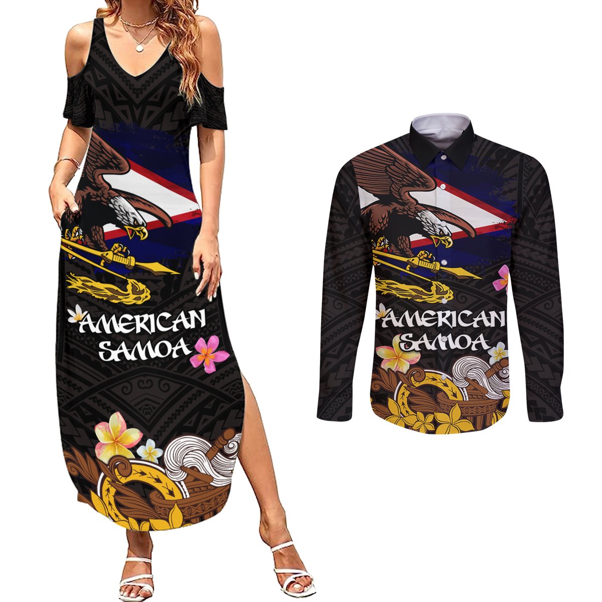 American Samoa Fue and Kava Bowl Couples Matching Summer Maxi Dress and Long Sleeve Button Shirt Plumeria and Polynesian Pattern LT03 Black - Polynesian Pride