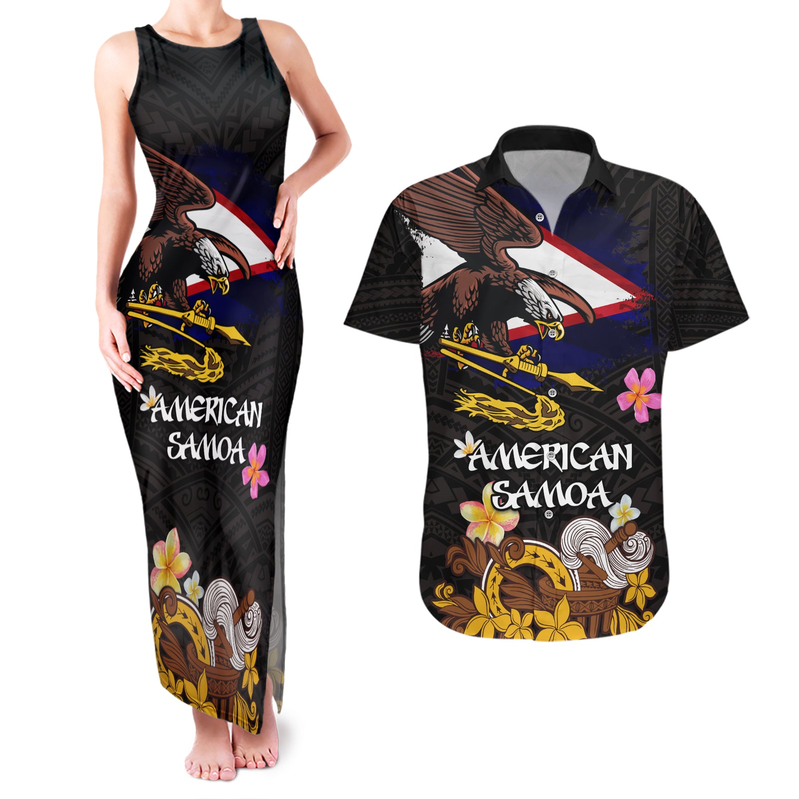 American Samoa Fue and Kava Bowl Couples Matching Tank Maxi Dress and Hawaiian Shirt Plumeria and Polynesian Pattern