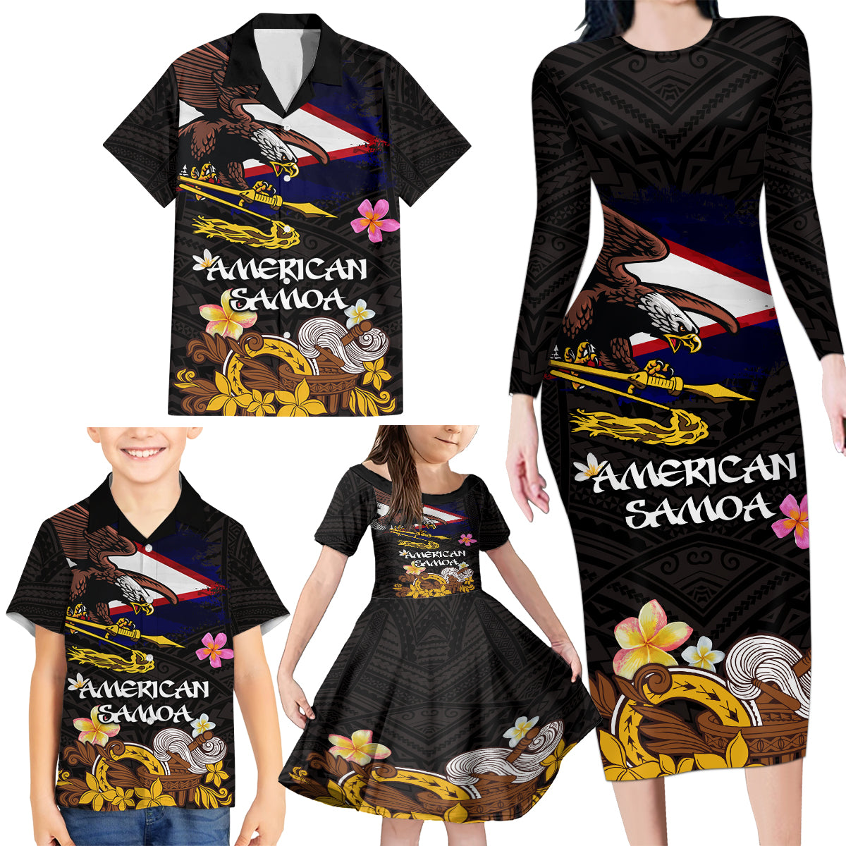 American Samoa Fue and Kava Bowl Family Matching Long Sleeve Bodycon Dress and Hawaiian Shirt Plumeria and Polynesian Pattern