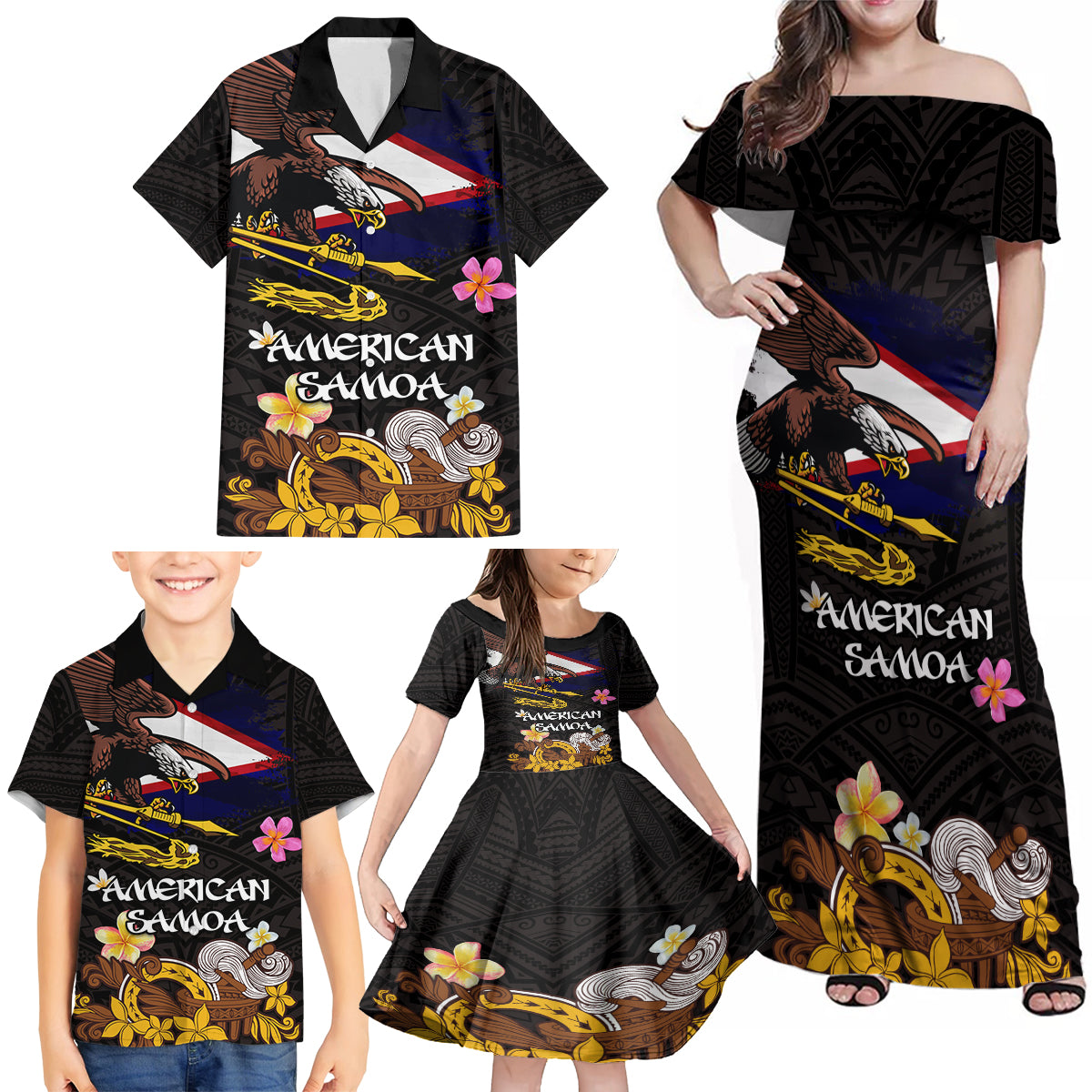 American Samoa Fue and Kava Bowl Family Matching Off Shoulder Maxi Dress and Hawaiian Shirt Plumeria and Polynesian Pattern