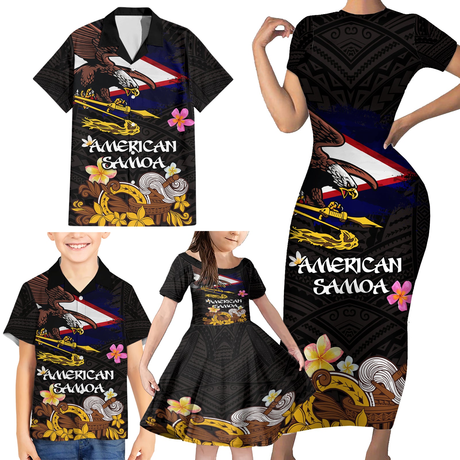 American Samoa Fue and Kava Bowl Family Matching Short Sleeve Bodycon Dress and Hawaiian Shirt Plumeria and Polynesian Pattern