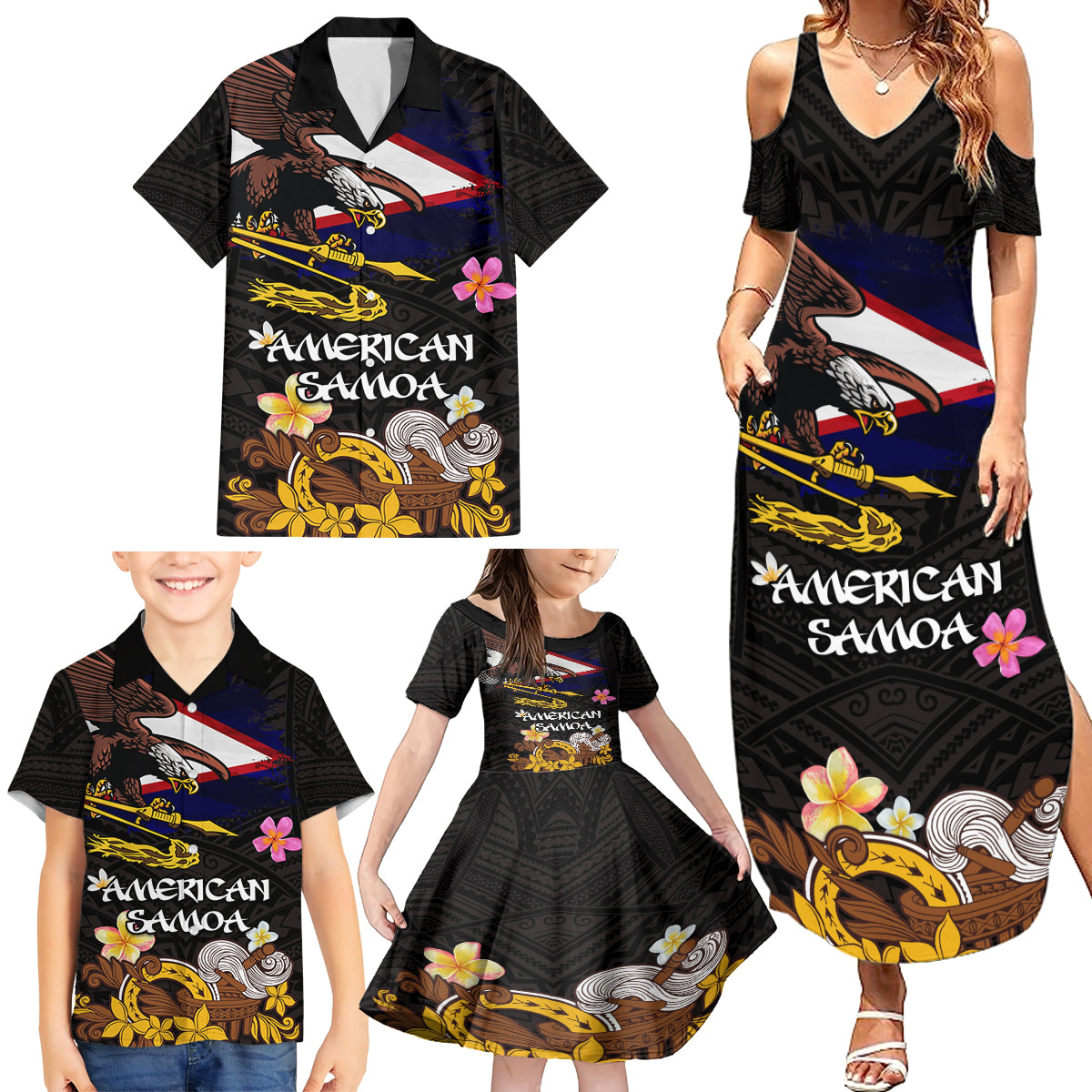 American Samoa Fue and Kava Bowl Family Matching Summer Maxi Dress and Hawaiian Shirt Plumeria and Polynesian Pattern