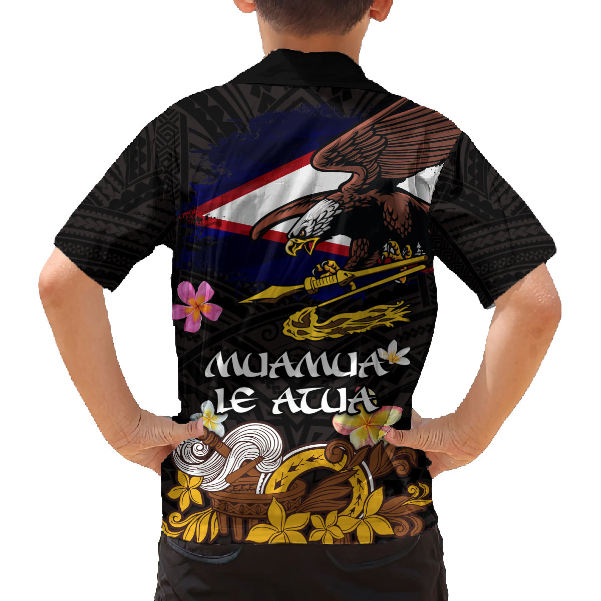 American Samoa Fue and Kava Bowl Family Matching Tank Maxi Dress and Hawaiian Shirt Plumeria and Polynesian Pattern