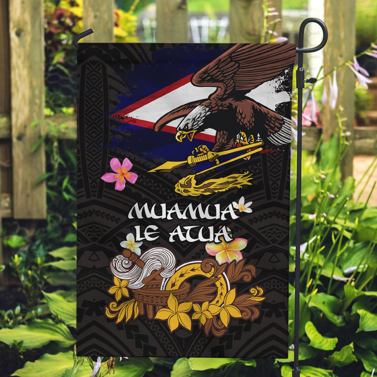 American Samoa Fue and Kava Bowl Garden Flag Plumeria and Polynesian Pattern LT03 Garden Flag Black - Polynesian Pride