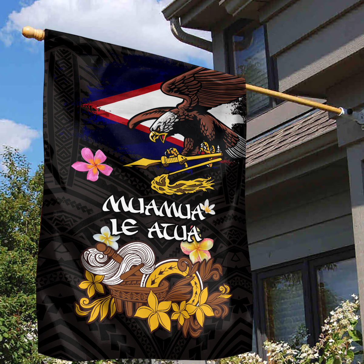 American Samoa Fue and Kava Bowl Garden Flag Plumeria and Polynesian Pattern LT03 - Polynesian Pride