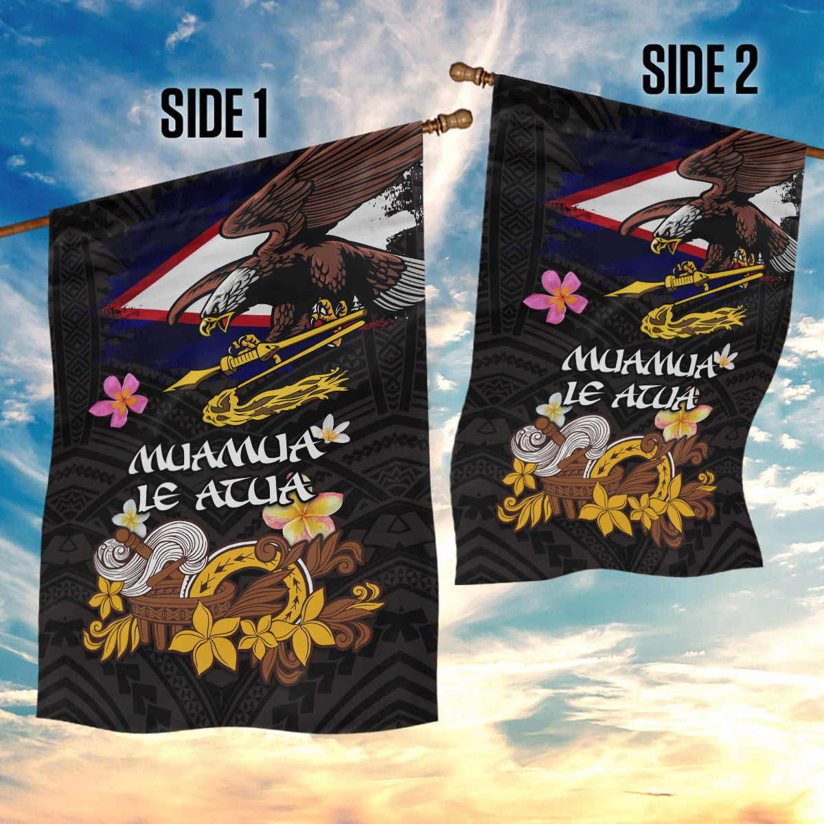 American Samoa Fue and Kava Bowl Garden Flag Plumeria and Polynesian Pattern LT03 - Polynesian Pride