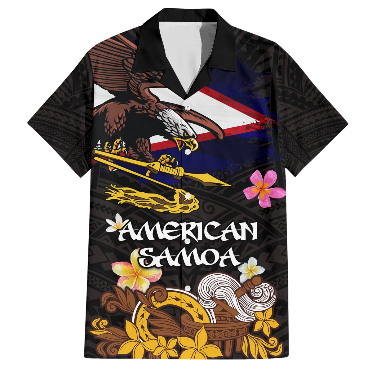 American Samoa Fue and Kava Bowl Hawaiian Shirt Plumeria and Polynesian Pattern LT03 Black - Polynesian Pride