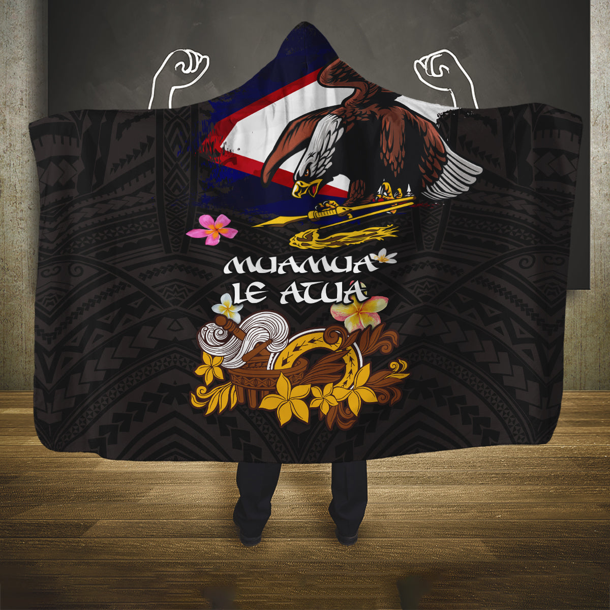 American Samoa Fue and Kava Bowl Hooded Blanket Plumeria and Polynesian Pattern LT03 One Size Black - Polynesian Pride