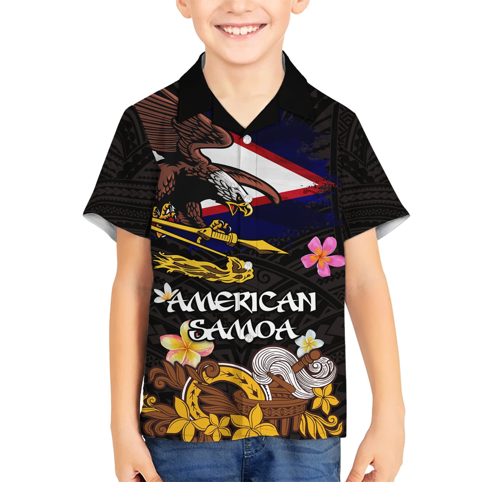 American Samoa Fue and Kava Bowl Kid Hawaiian Shirt Plumeria and Polynesian Pattern LT03 Kid Black - Polynesian Pride