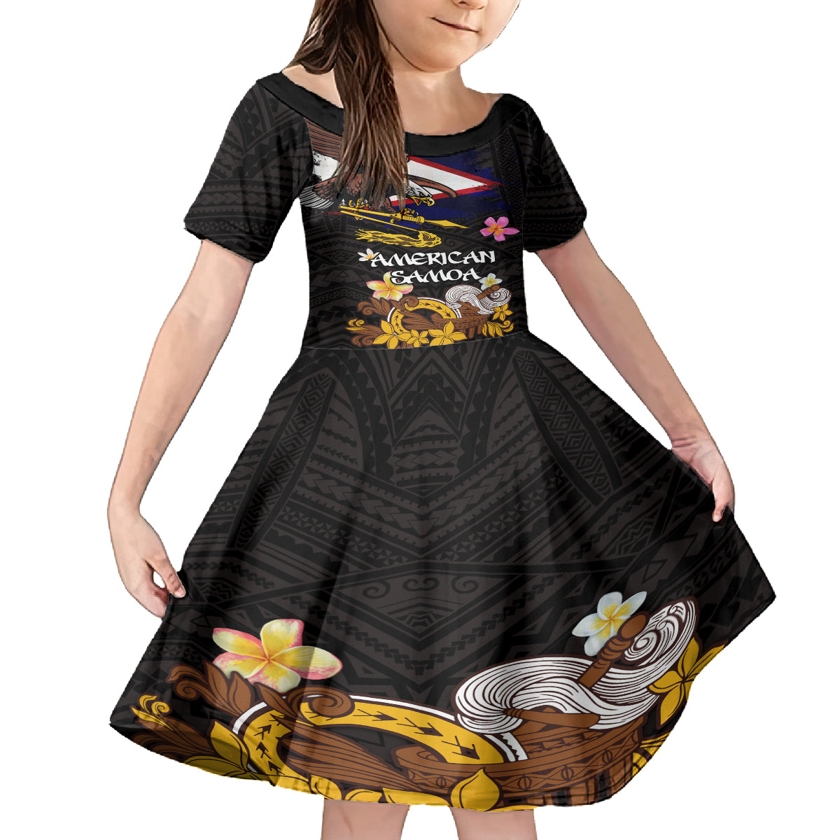 American Samoa Fue and Kava Bowl Kid Short Sleeve Dress Plumeria and Polynesian Pattern LT03 KID Black - Polynesian Pride