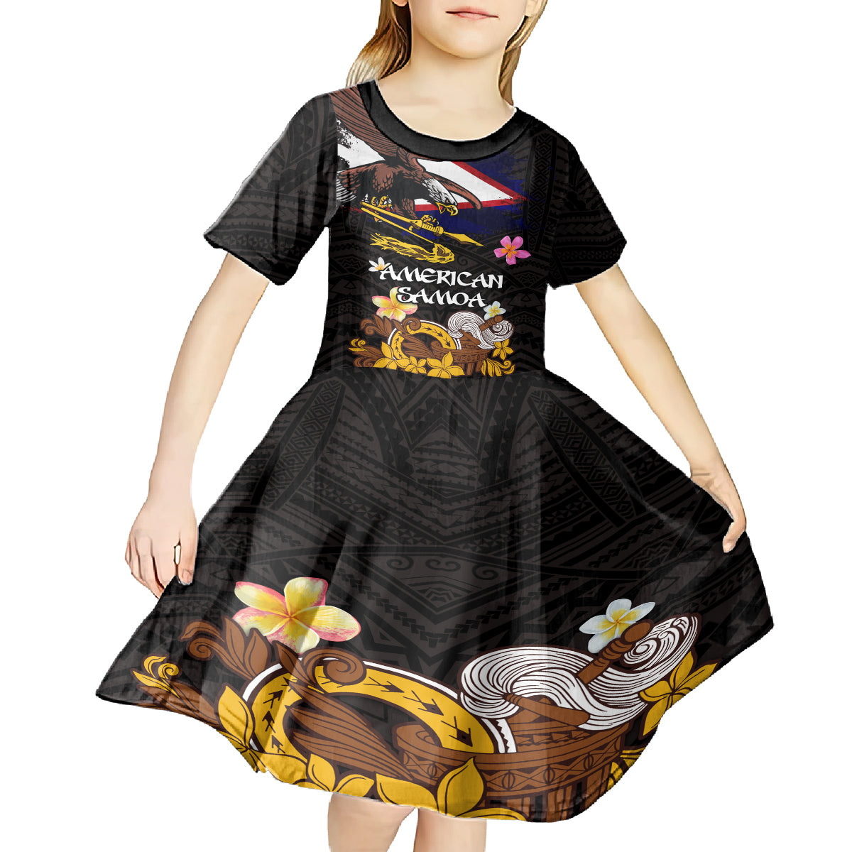 American Samoa Fue and Kava Bowl Kid Short Sleeve Dress Plumeria and Polynesian Pattern LT03 - Polynesian Pride