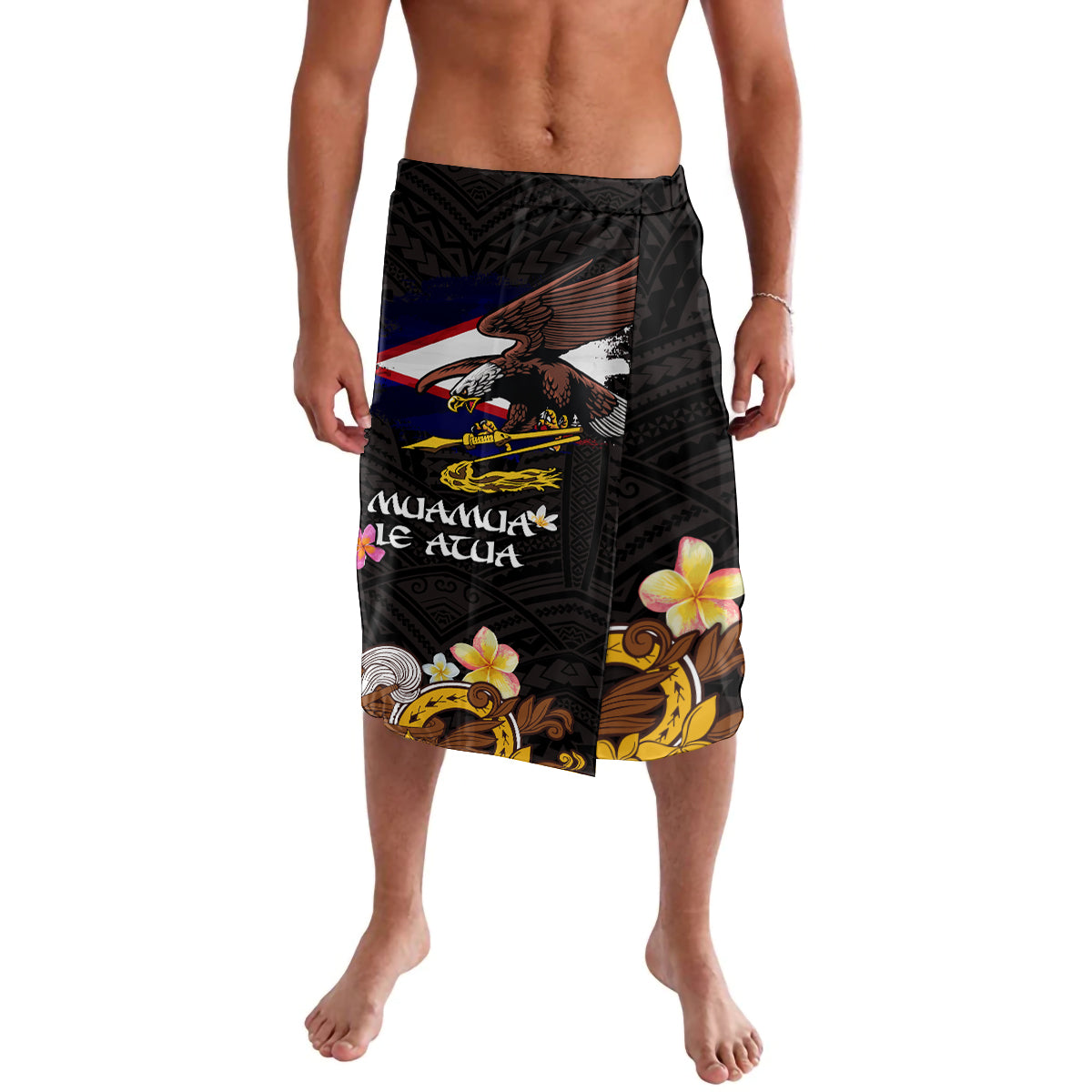 American Samoa Fue and Kava Bowl Lavalava Plumeria and Polynesian Pattern LT03 Black - Polynesian Pride
