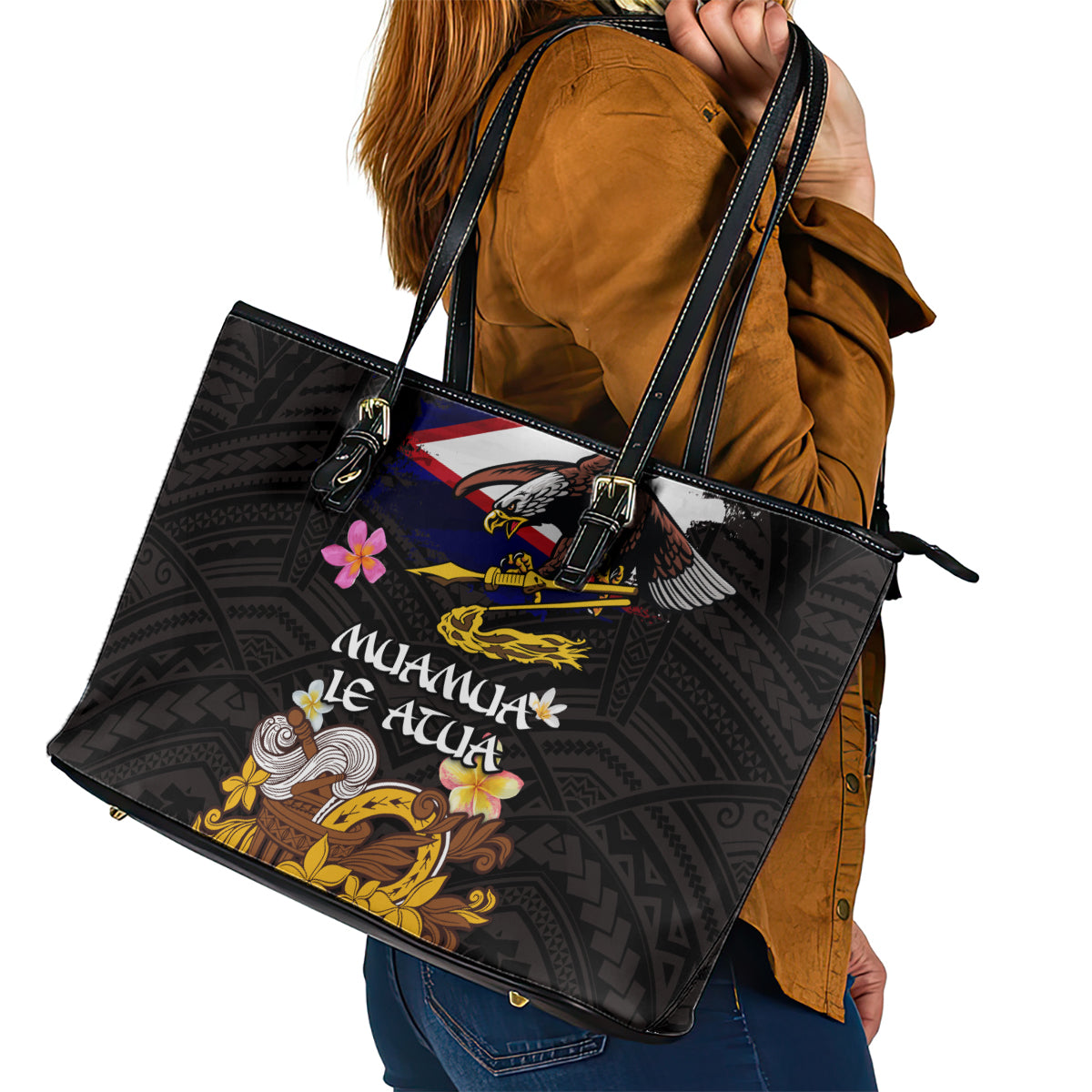 American Samoa Fue and Kava Bowl Leather Tote Bag Plumeria and Polynesian Pattern