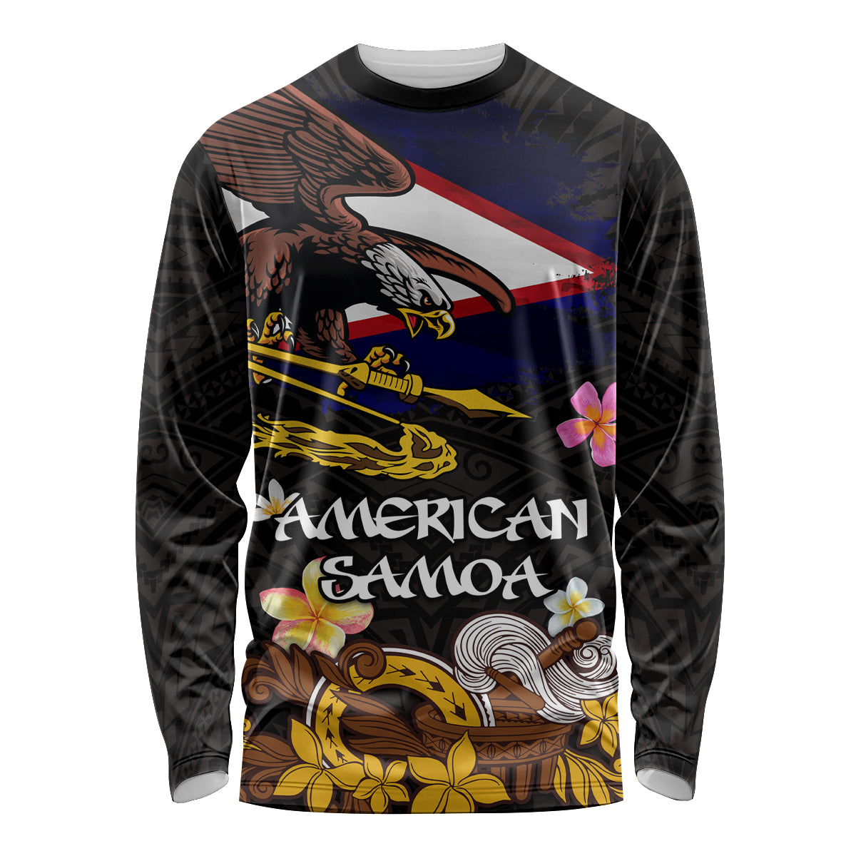 American Samoa Fue and Kava Bowl Long Sleeve Shirt Plumeria and Polynesian Pattern