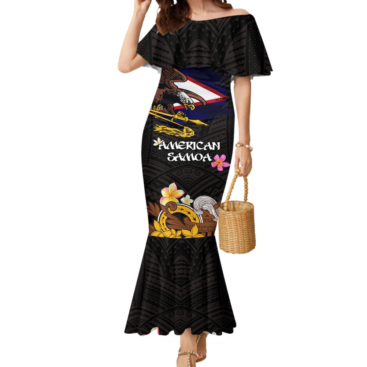 American Samoa Fue and Kava Bowl Mermaid Dress Plumeria and Polynesian Pattern