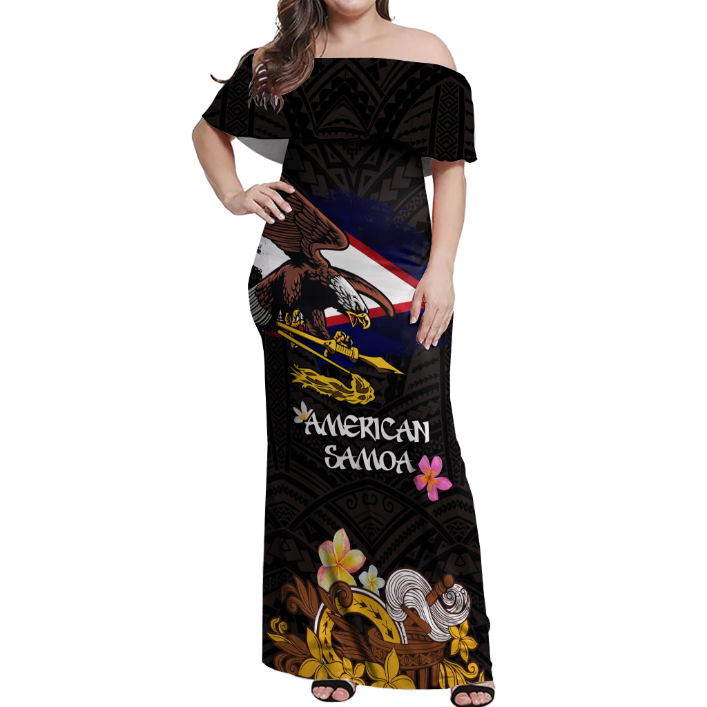 American Samoa Fue and Kava Bowl Off Shoulder Maxi Dress Plumeria and Polynesian Pattern LT03 Women Black - Polynesian Pride