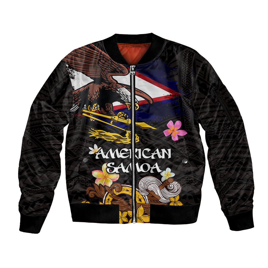 American Samoa Fue and Kava Bowl Sleeve Zip Bomber Jacket Plumeria and Polynesian Pattern LT03 Unisex Black - Polynesian Pride