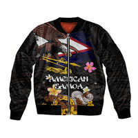 American Samoa Fue and Kava Bowl Sleeve Zip Bomber Jacket Plumeria and Polynesian Pattern LT03 Unisex Black - Polynesian Pride