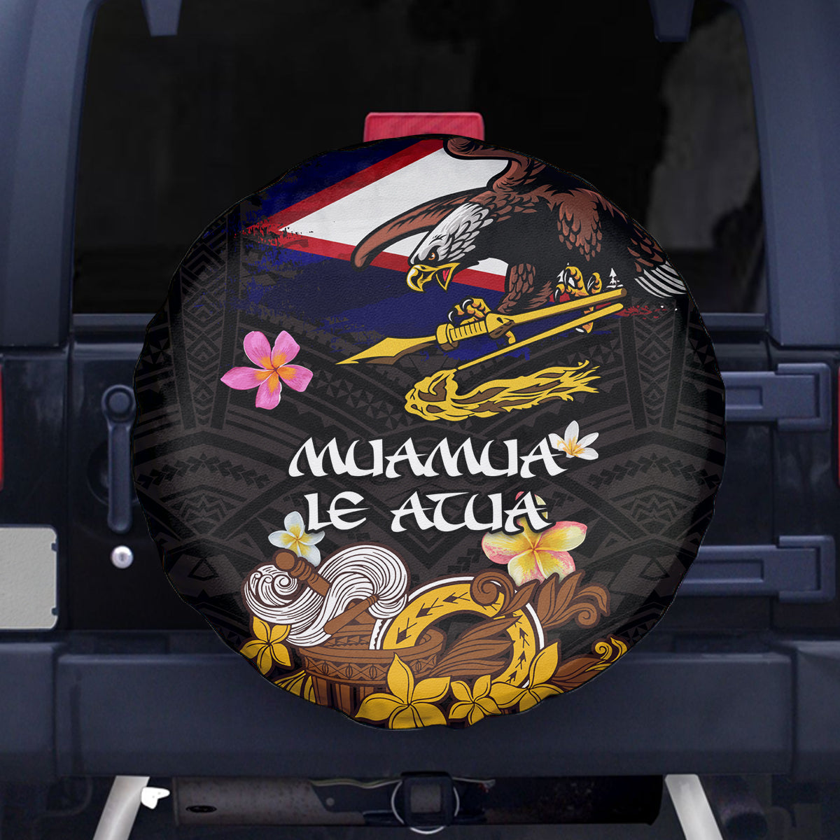 American Samoa Fue and Kava Bowl Spare Tire Cover Plumeria and Polynesian Pattern LT03 - Polynesian Pride