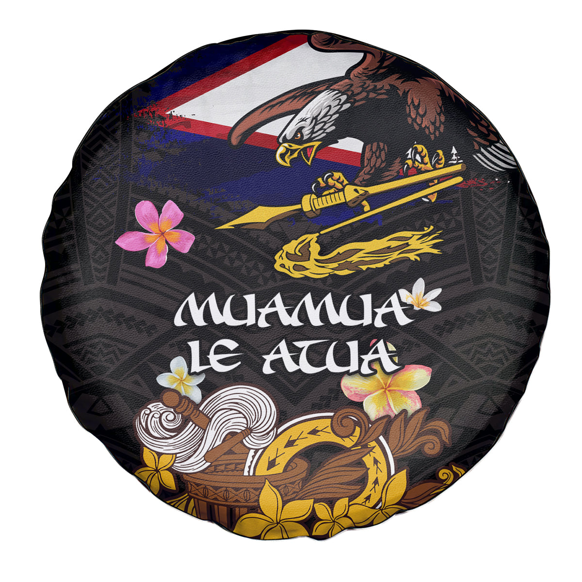 American Samoa Fue and Kava Bowl Spare Tire Cover Plumeria and Polynesian Pattern LT03 - Polynesian Pride