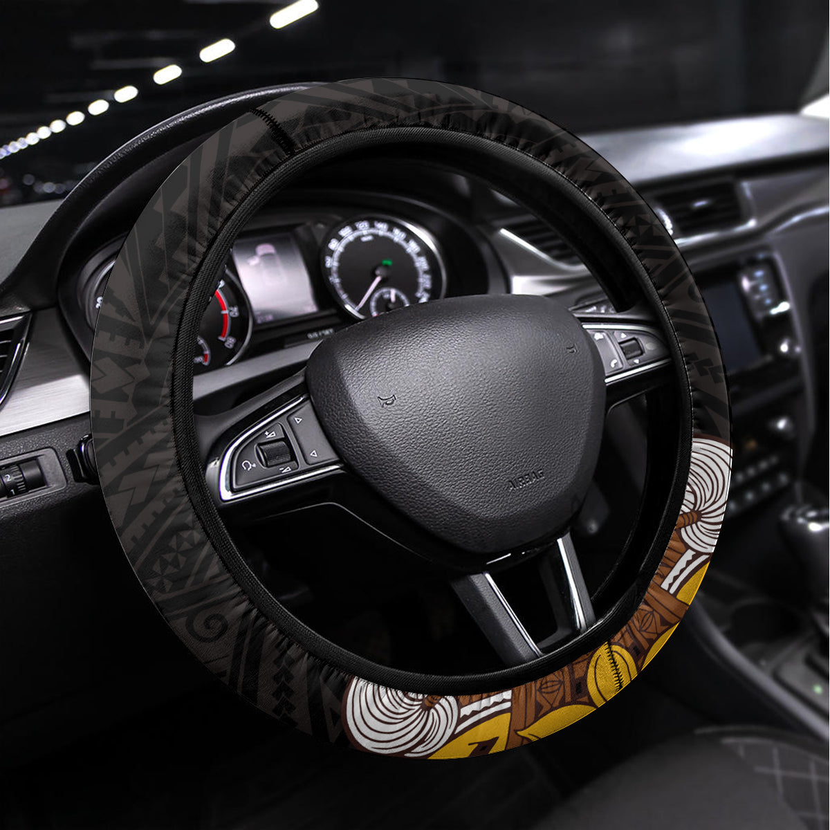American Samoa Fue and Kava Bowl Steering Wheel Cover Plumeria and Polynesian Pattern LT03 Universal Fit Black - Polynesian Pride