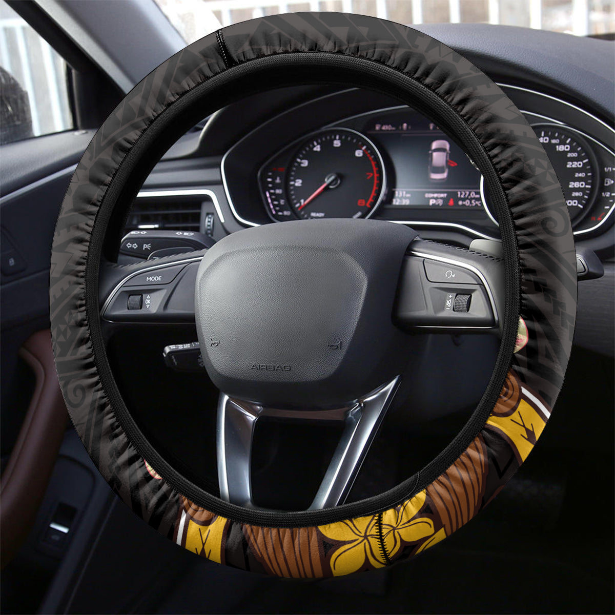 American Samoa Fue and Kava Bowl Steering Wheel Cover Plumeria and Polynesian Pattern LT03 - Polynesian Pride