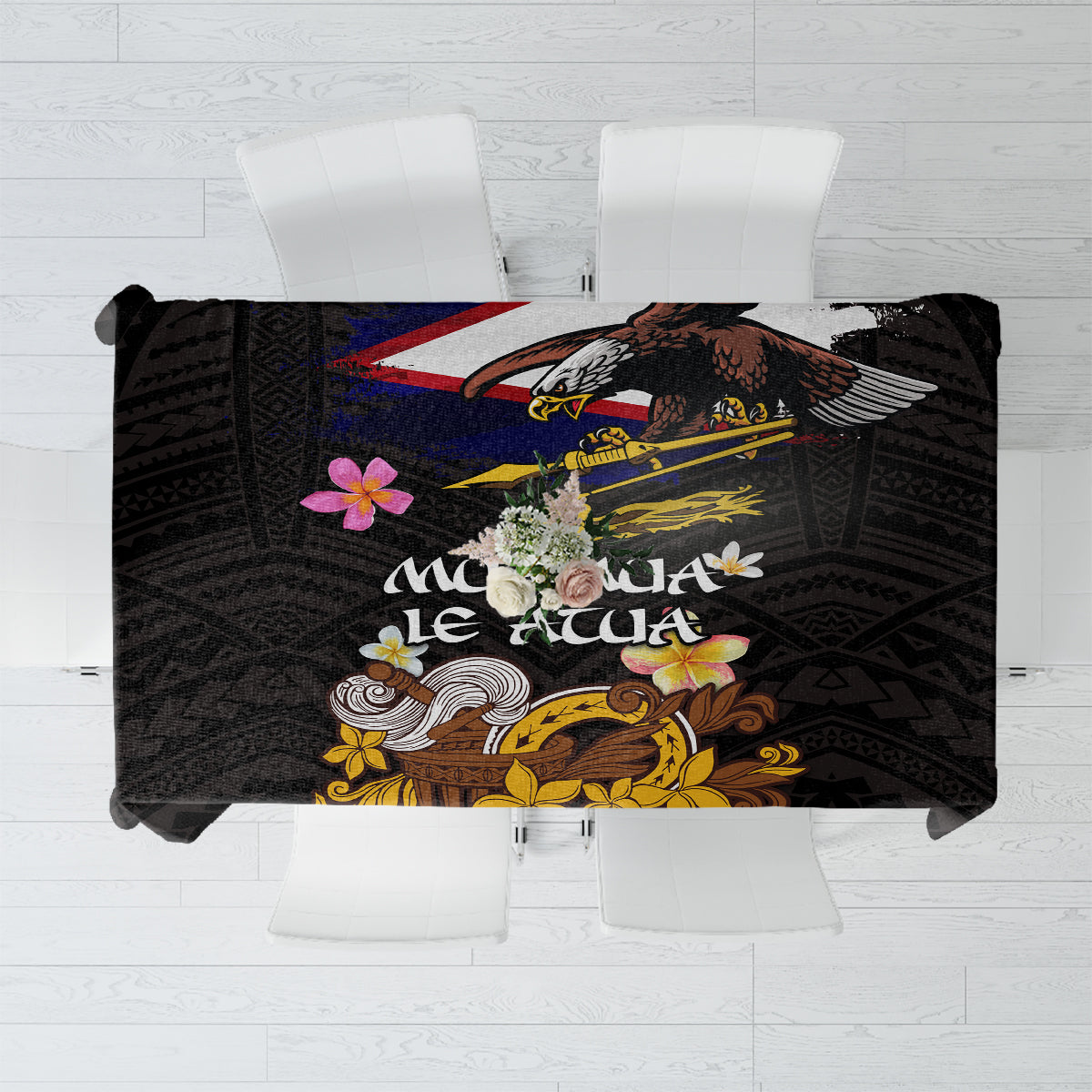 American Samoa Fue and Kava Bowl Tablecloth Plumeria and Polynesian Pattern LT03 Black - Polynesian Pride