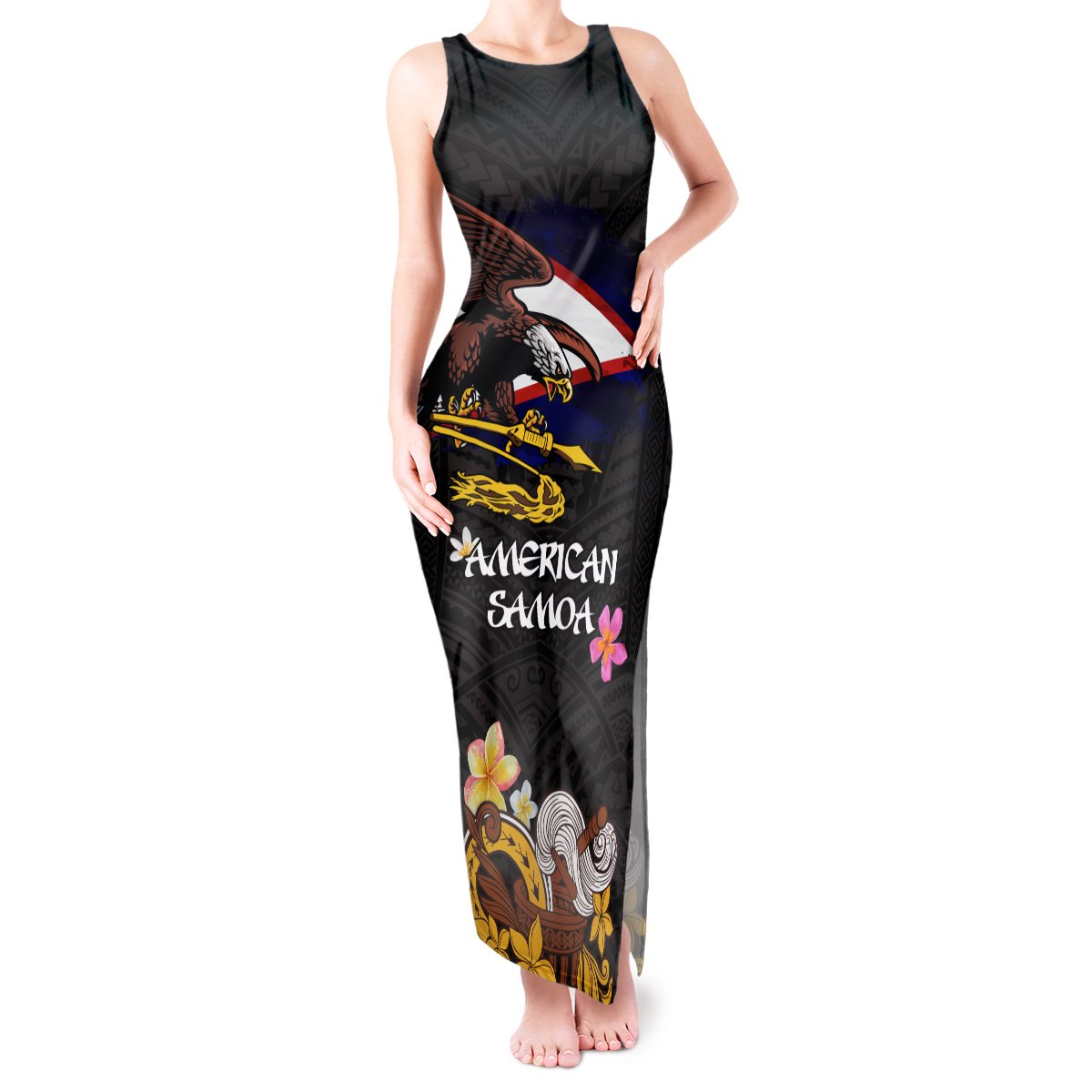 American Samoa Fue and Kava Bowl Tank Maxi Dress Plumeria and Polynesian Pattern LT03 Women Black - Polynesian Pride