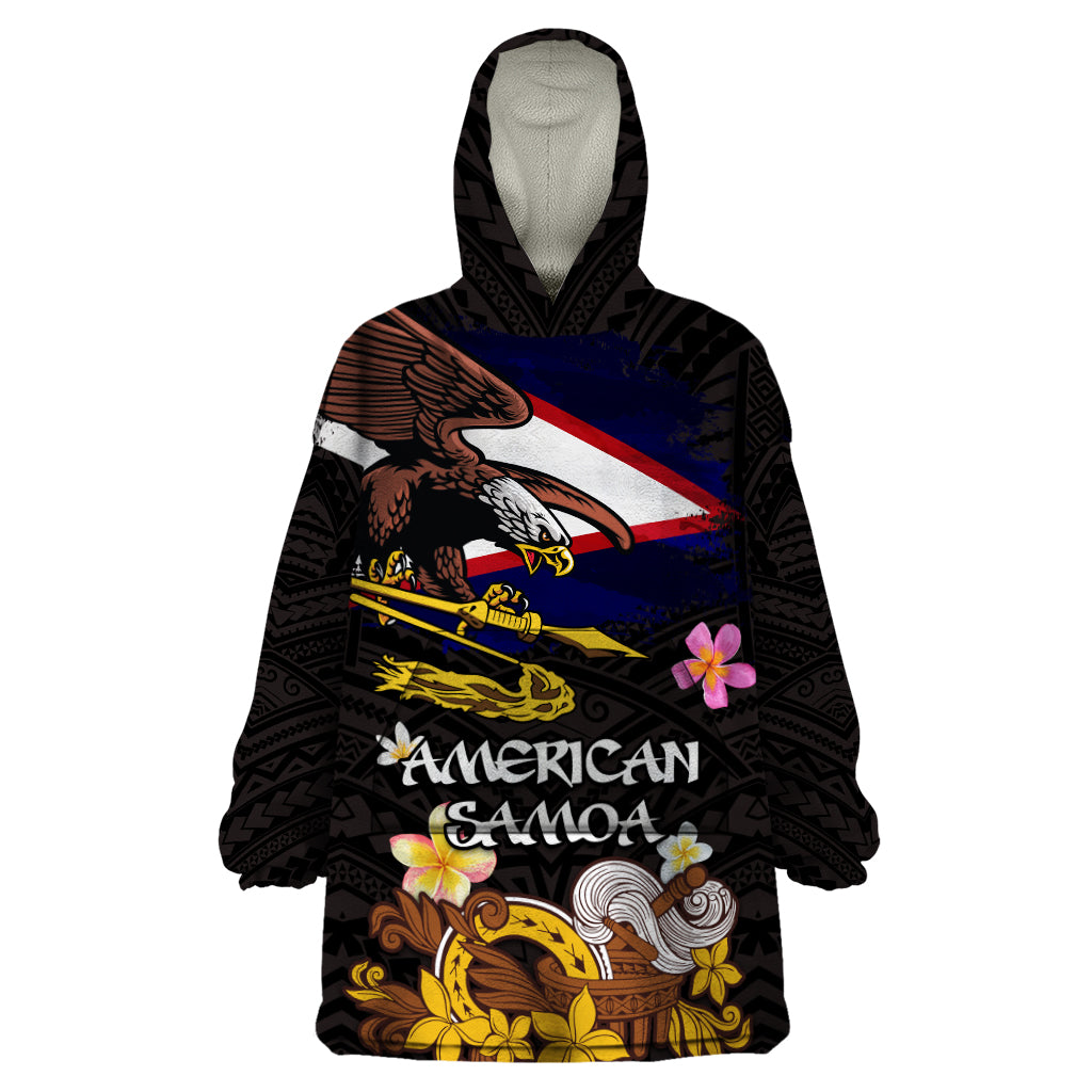 American Samoa Fue and Kava Bowl Wearable Blanket Hoodie Plumeria and Polynesian Pattern LT03 One Size Black - Polynesian Pride