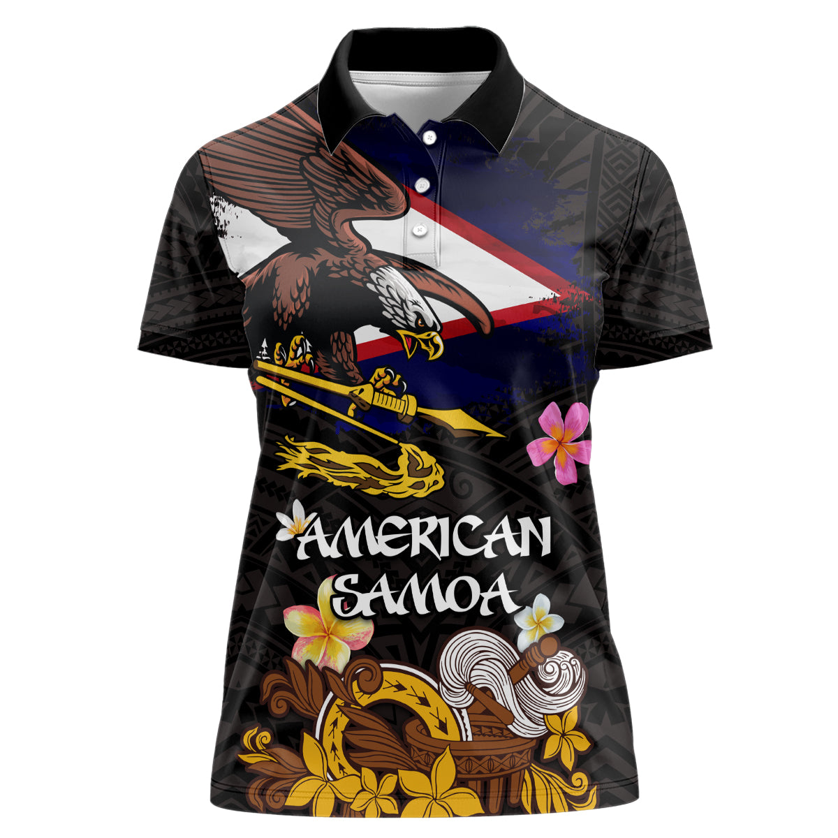 American Samoa Fue and Kava Bowl Women Polo Shirt Plumeria and Polynesian Pattern