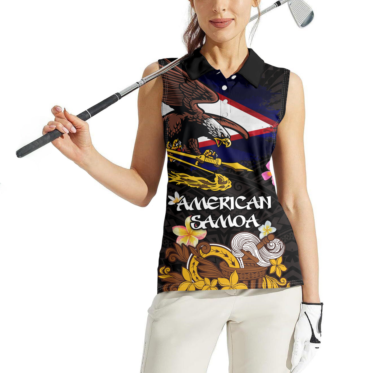 American Samoa Fue and Kava Bowl Women Sleeveless Polo Shirt Plumeria and Polynesian Pattern