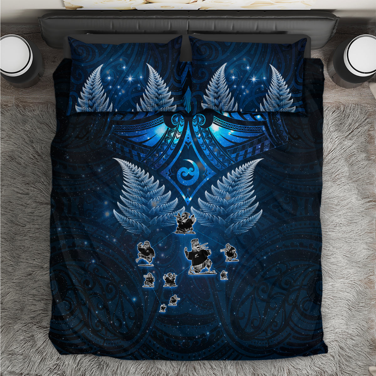 New Zealand Matariki Bedding Set Maori Pattern and Kiwi Bird Haka Dance Sky Night