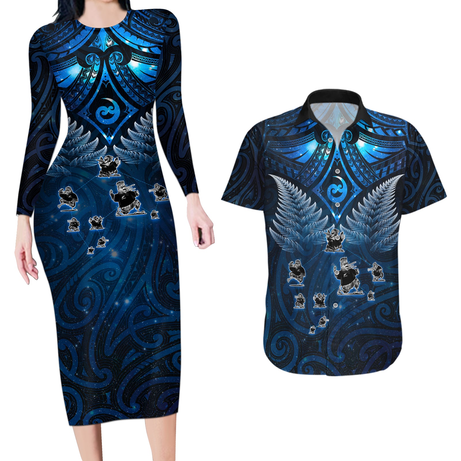 New Zealand Matariki Couples Matching Long Sleeve Bodycon Dress and Hawaiian Shirt Maori Pattern and Kiwi Bird Haka Dance Sky Night