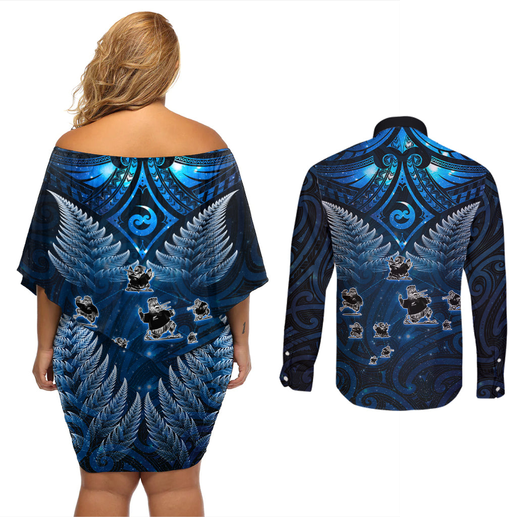 New Zealand Matariki Couples Matching Off Shoulder Short Dress and Long Sleeve Button Shirt Maori Pattern and Kiwi Bird Haka Dance Sky Night