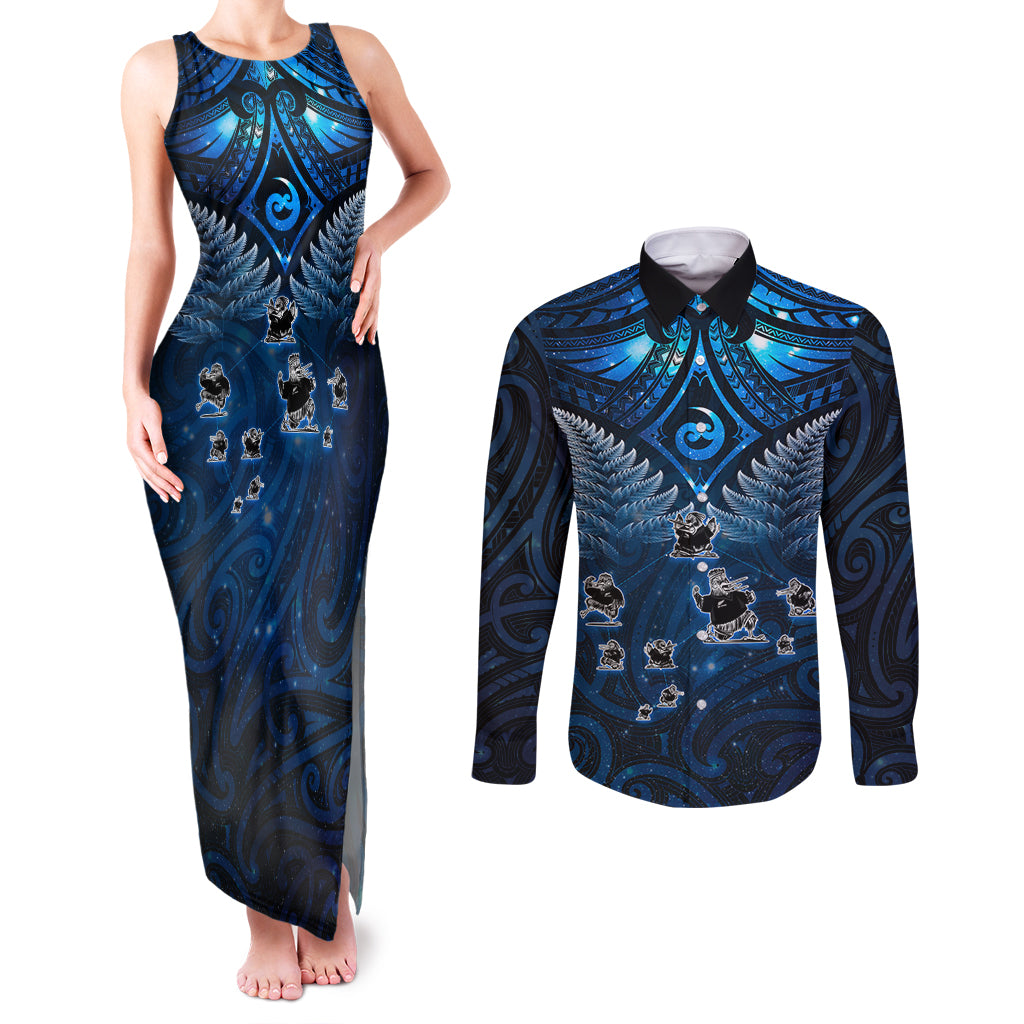 New Zealand Matariki Couples Matching Tank Maxi Dress and Long Sleeve Button Shirt Maori Pattern and Kiwi Bird Haka Dance Sky Night