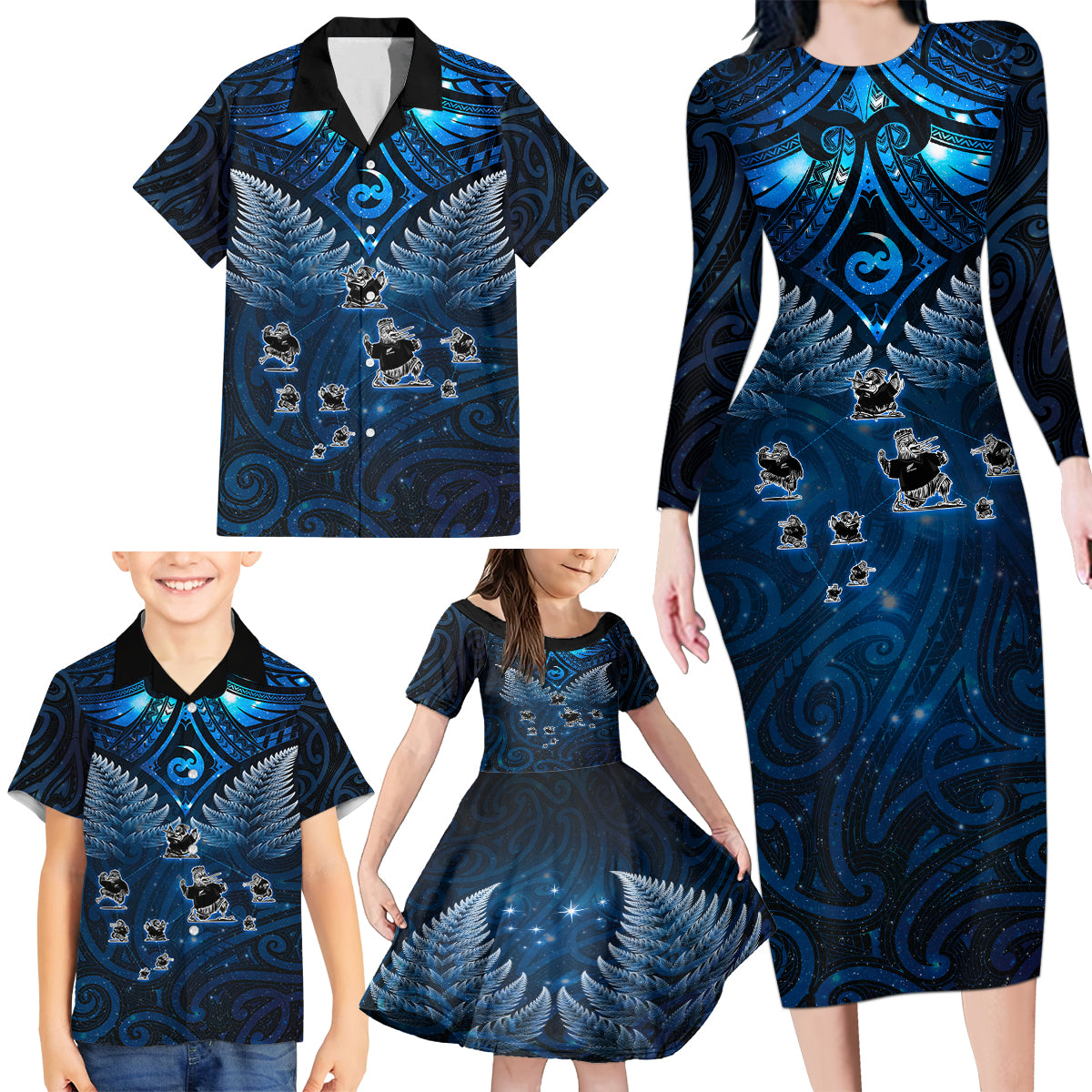 New Zealand Matariki Family Matching Long Sleeve Bodycon Dress and Hawaiian Shirt Maori Pattern and Kiwi Bird Haka Dance Sky Night