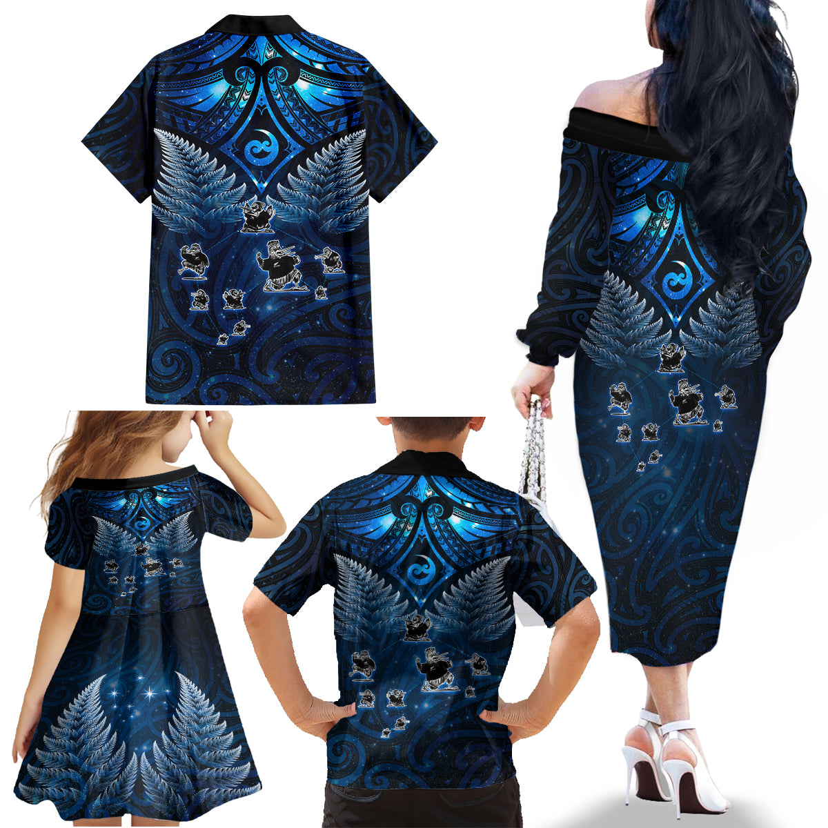 New Zealand Matariki Family Matching Off The Shoulder Long Sleeve Dress and Hawaiian Shirt Maori Pattern and Kiwi Bird Haka Dance Sky Night